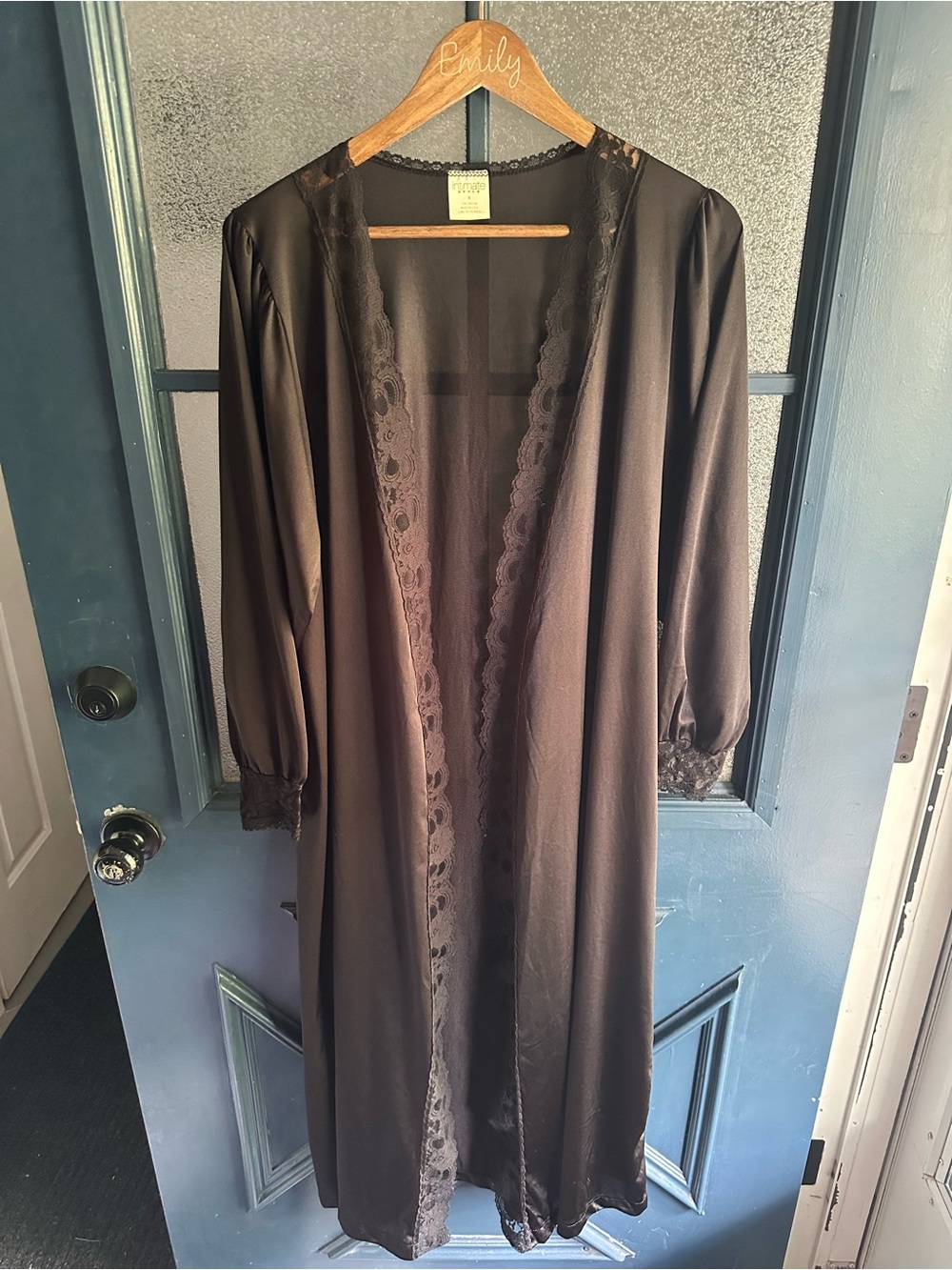 Vintage Black Lace-Trim Maxi Satin Robe